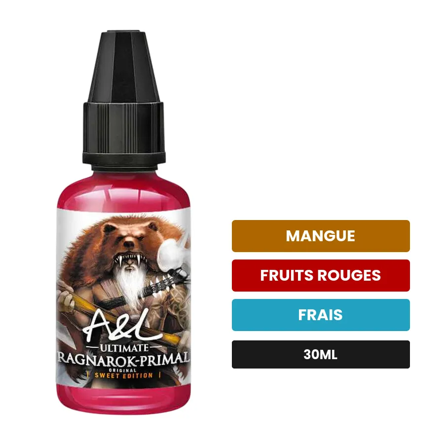 Arome concentre Ragnarok Primal SWEET EDITION d'A&l, 30 ml, saveurs mangue, fruits rouges et frais, sans nicotine — arôme à.
