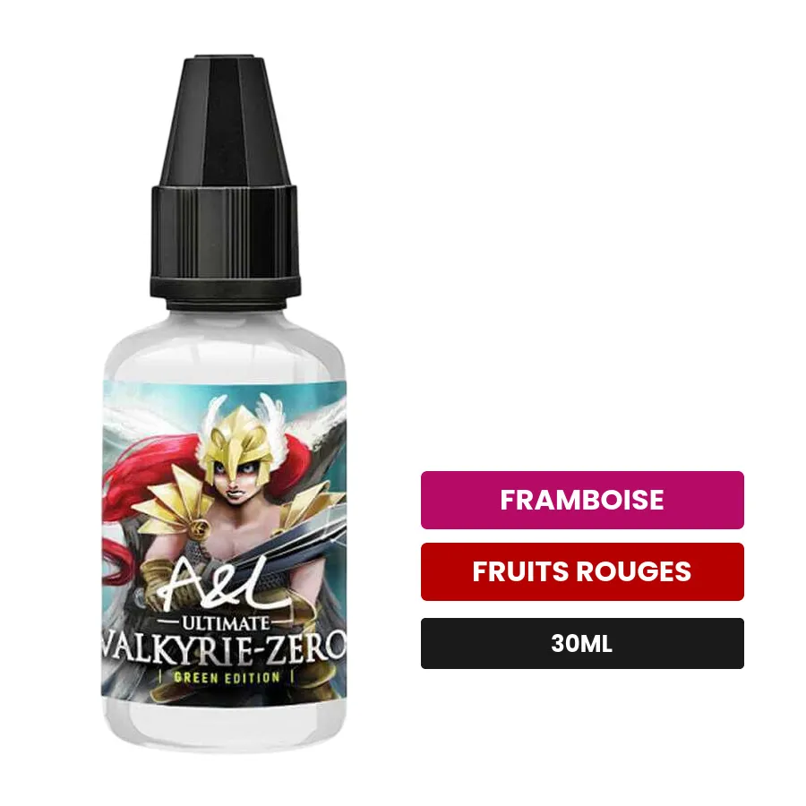 Arome concentre Valkyrie Zero Green Edition d'A&l, 30 ml, saveurs framboise et fruits rouges, sans nicotine — arôme à diluer.