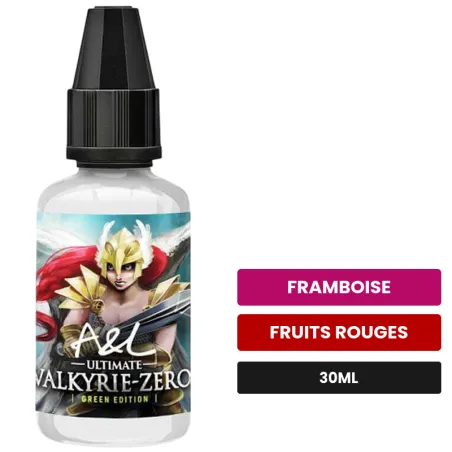 Arome concentre Valkyrie Zero Green Edition d'A&l, 30 ml, saveurs framboise et fruits rouges, sans nicotine — arôme à diluer.