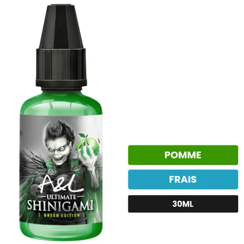 Arome concentre Shinigami Green Edition d'A&l, 30 ml, saveurs pomme et frais, sans nicotine — arôme à diluer de nicotine.