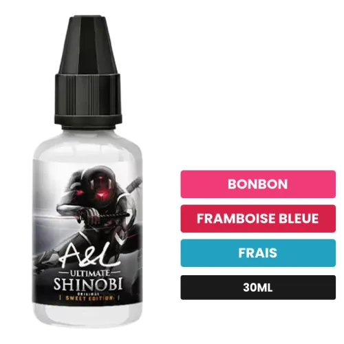 Arome concentre Shinobi SWEET EDITION d'A&l, 30 ml, saveurs bonbon, framboise bleue et frais, sans nicotine — arôme à diluer.