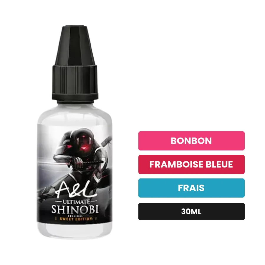 Arome concentre Shinobi SWEET EDITION d'A&l, 30 ml, saveurs bonbon, framboise bleue et frais, sans nicotine — arôme à diluer.