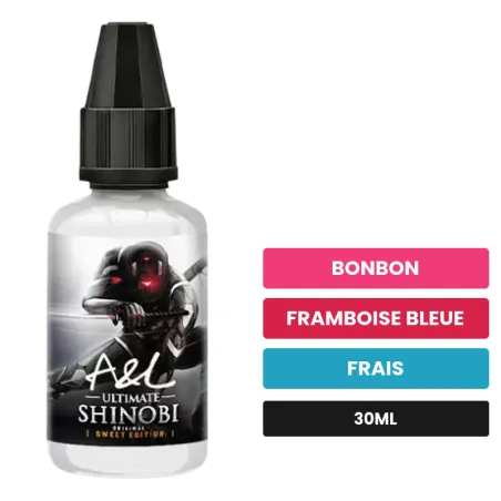 Arome concentre Shinobi SWEET EDITION d'A&l, 30 ml, saveurs bonbon, framboise bleue et frais, sans nicotine — arôme à diluer.