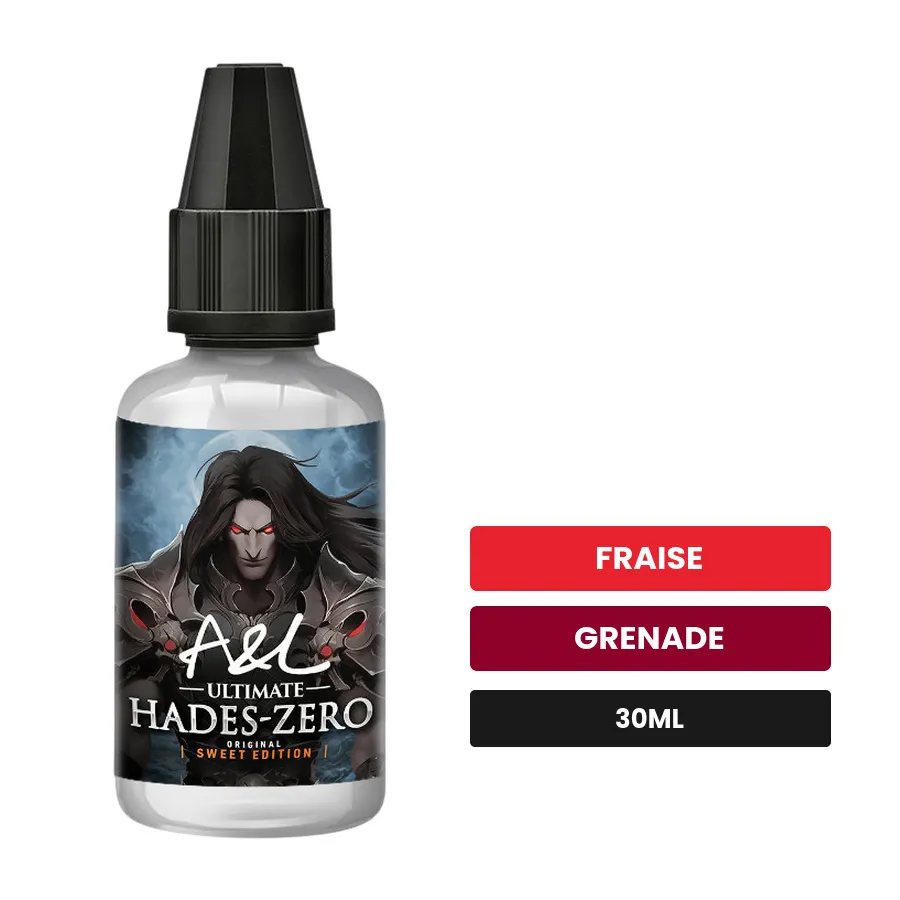 Arome concentre Hades Zero SWEET EDITION d'A&l, 30 ml, saveurs fraise et grenade, sans nicotine — arôme à diluer de nicotine.