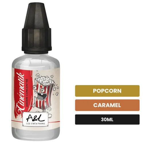 Arome concentre Cinematik d'A&l, 30 ml, saveurs popcorn et caramel, sans nicotine — arôme à diluer de nicotine.