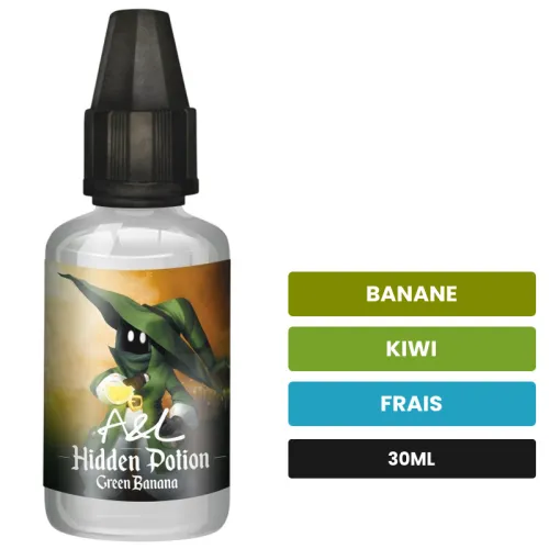 Arome concentre Green Banana d'A&l, 30 ml, saveurs banane, kiwi et frais, sans nicotine — arôme à diluer de nicotine.