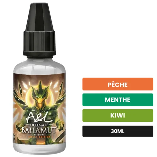 Arome concentre Bahamut SWEET EDITION d'A&l, 30 ml, saveurs pêche, menthe et kiwi, sans nicotine — arôme à diluer de nicotine.