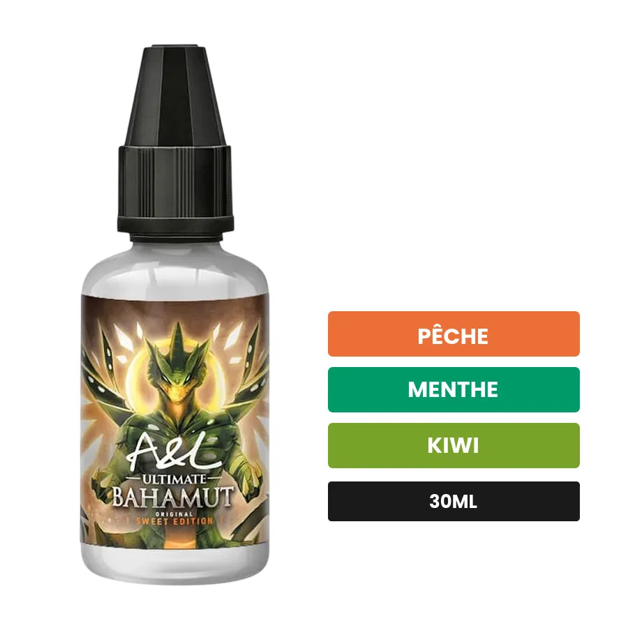Arome concentre Bahamut SWEET EDITION d'A&l, 30 ml, saveurs pêche, menthe et kiwi, sans nicotine — arôme à diluer de nicotine.