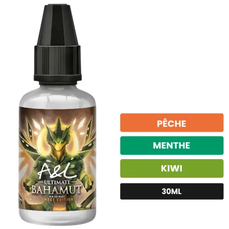 Arome concentre Bahamut SWEET EDITION d'A&l, 30 ml, saveurs pêche, menthe et kiwi, sans nicotine — arôme à diluer de nicotine.