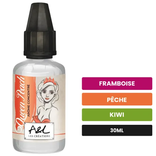 Arome concentre Queen Peach d'A&l, 30 ml, saveurs framboise, pêche et kiwi, sans nicotine — arôme à diluer de nicotine.