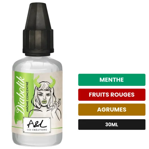 Arome concentre Diabolik d'A&l, 30 ml, saveurs menthe, fruits rouges et agrumes, sans nicotine — arôme à diluer de nicotine.