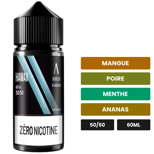 E-liquide Hawai d'Adalya, 60 ml, saveurs mangue, poire, menthe et 2 autres.