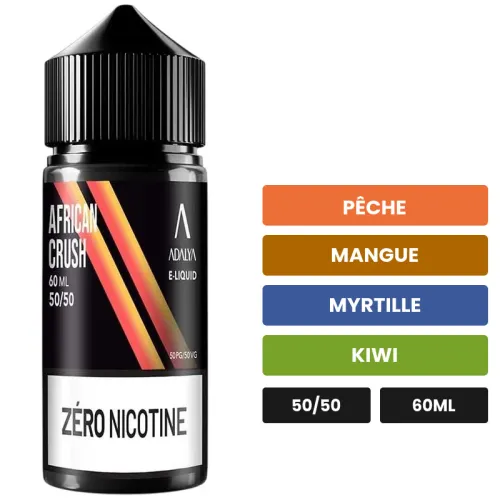 E-liquide African Crush d'Adalya, 60 ml, saveurs pêche, mangue, myrtille et 1 autre.
