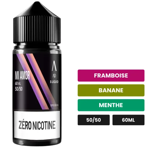 E-liquide Mi Amor d'Adalya, 60 ml, saveurs framboise, banane et menthe.