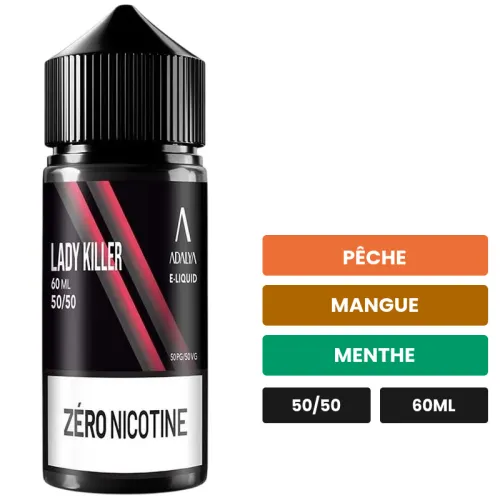 E-liquide Lady Killer d'Adalya, 60 ml, saveurs pêche, mangue et menthe.