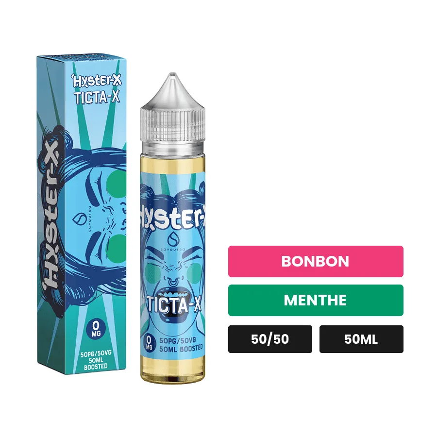 E-liquide Ticta X Hyster de Savourea, 50 ml, saveurs bonbon et menthe.