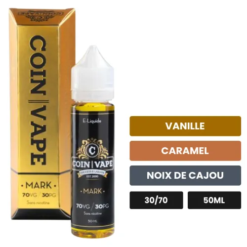 E-liquide Mark - Coin Vape de Savourea, 50 ml, saveurs vanille, caramel et noix de cajou.