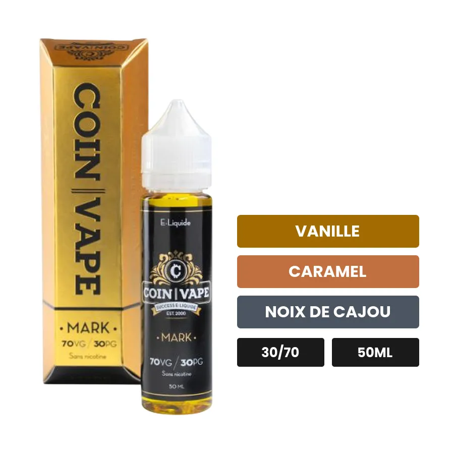 E-liquide Mark - Coin Vape de Savourea, 50 ml, saveurs vanille, caramel et noix de cajou.