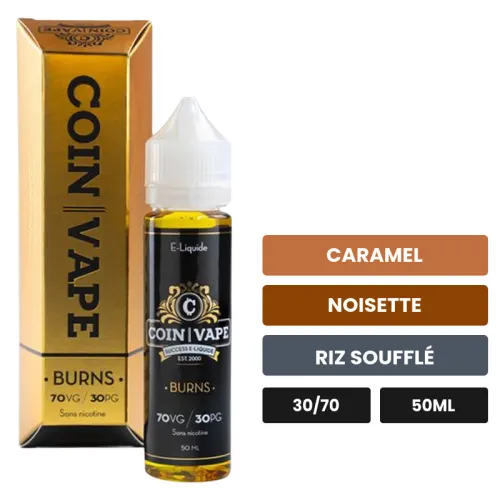 E-liquide Burns - Coin Vape de Savourea, 50 ml, saveurs caramel, noisette et riz soufflé.