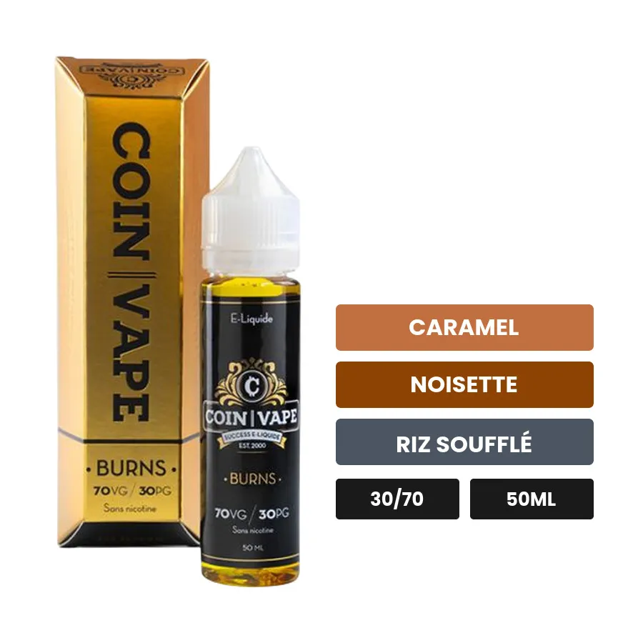 E-liquide Burns - Coin Vape de Savourea, 50 ml, saveurs caramel, noisette et riz soufflé.