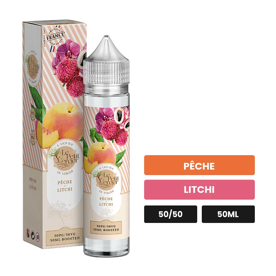 E-liquide Peche Litchi de Savourea, 50 ml, saveurs pêche et litchi.