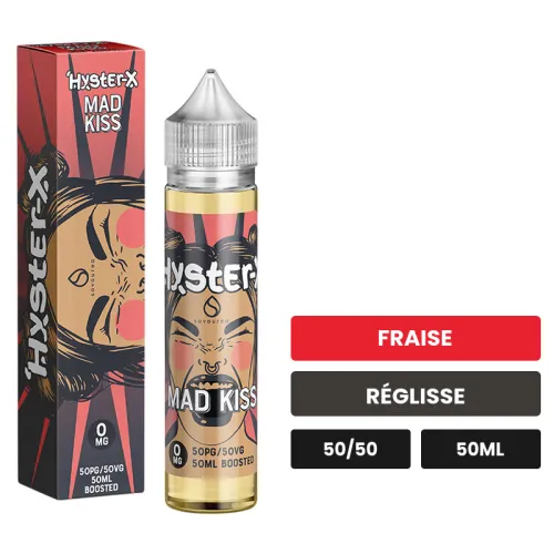 E-liquide Hyster X Mad Kiss de Savourea, 50 ml, saveurs fraise et réglisse.