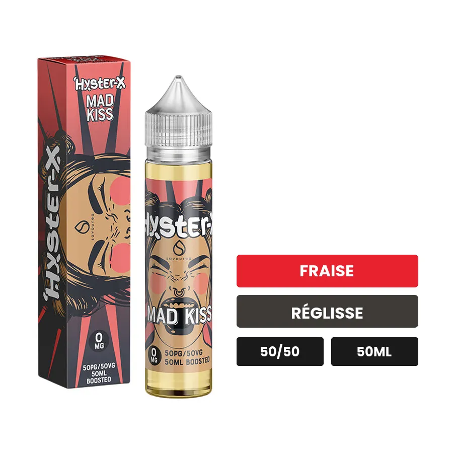 E-liquide Hyster X Mad Kiss de Savourea, 50 ml, saveurs fraise et réglisse.