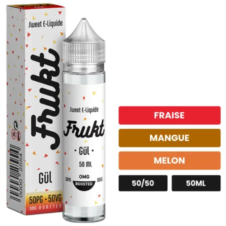 E-liquide Gul de Savourea, 50 ml, saveurs fraise, mangue et melon.