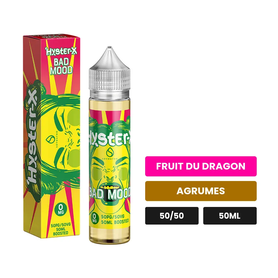 E-liquide Hyster X Bad Mood de Savourea, 50 ml, saveurs fruit du dragon et agrumes.