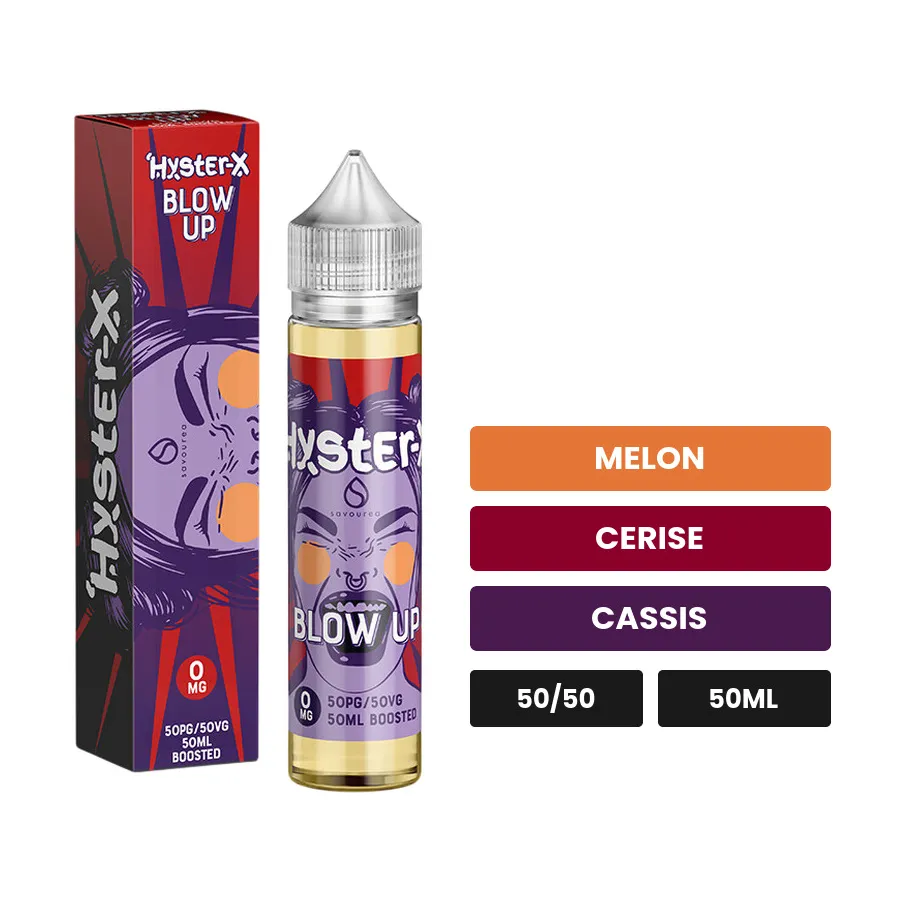 E-liquide Hyster X Blow Up de Savourea, 50 ml, saveurs melon, cerise et cassis.