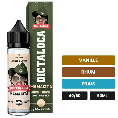 E-liquide Dictaloca Mamacita de Savourea, 50 ml, saveurs vanille, rhum et frais.