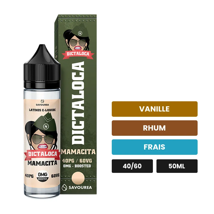 E-liquide Dictaloca Mamacita de Savourea, 50 ml, saveurs vanille, rhum et frais.