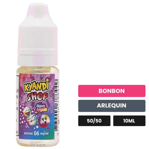 E-liquide Super Lequin de Kyandi Shop, 10 ml, saveurs bonbon et arlequin.