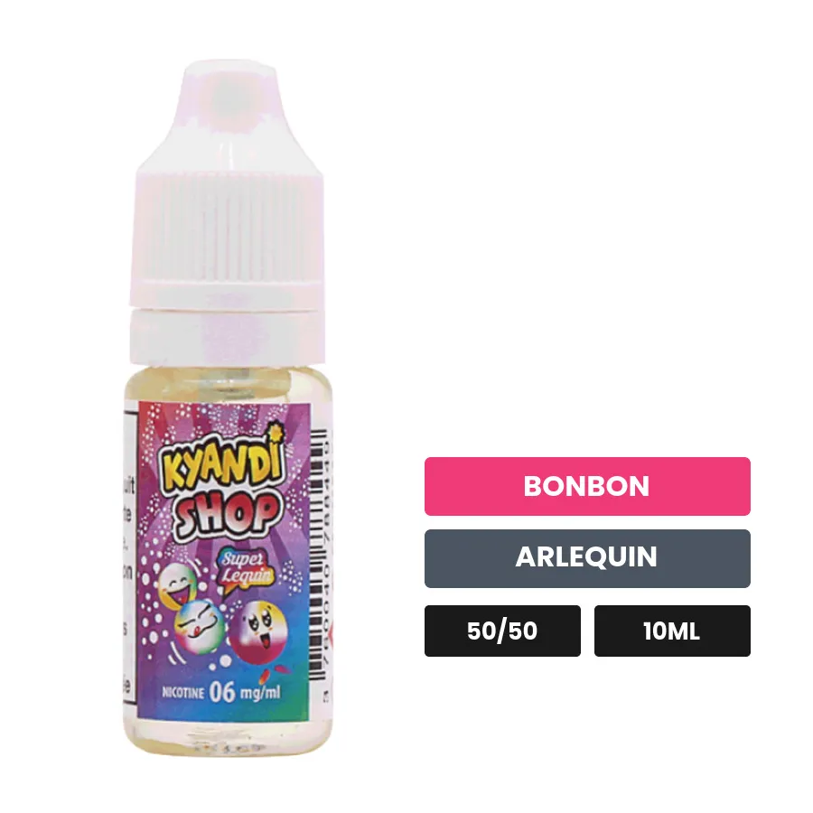 E-liquide Super Lequin de Kyandi Shop, 10 ml, saveurs bonbon et arlequin.