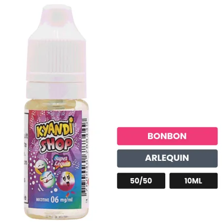 E-liquide Super Lequin de Kyandi Shop, 10 ml, saveurs bonbon et arlequin.