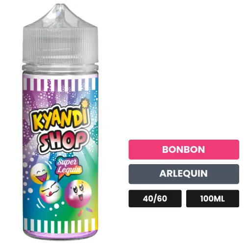 E-liquide Super Lequin de Kyandi Shop, 100 ml, saveurs bonbon et arlequin, sans nicotine — prêt à booster de nicotine.