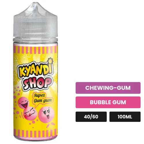 E-liquide Super Gumgum de Kyandi Shop, 100 ml, saveurs chewing-gum et bubble gum, sans nicotine — prêt à booster de nicotine.