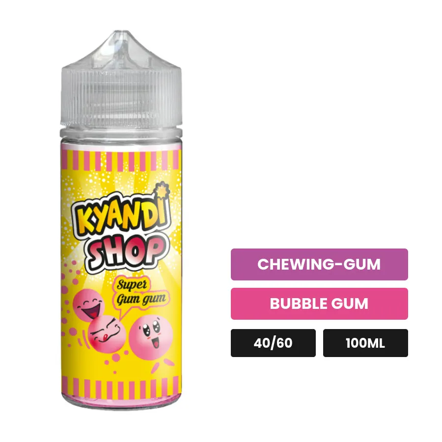 E-liquide Super Gumgum de Kyandi Shop, 100 ml, saveurs chewing-gum et bubble gum, sans nicotine — prêt à booster de nicotine.