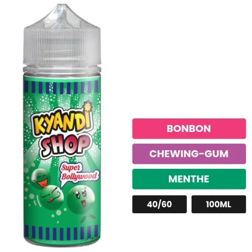 E-liquide Super Bollywood de Kyandi Shop, 100 ml, saveurs bonbon, chewing-gum et menthe, sans nicotine — prêt à booster de.