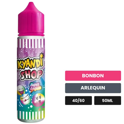 E-liquide Super Lequin de Kyandi Shop, 50 ml, saveurs bonbon et arlequin, sans nicotine — prêt à booster de nicotine.