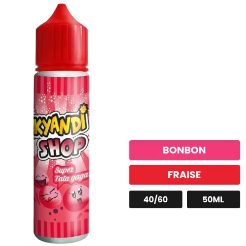 E-liquide Super Tata Gaga de Kyandi Shop, 50 ml, saveurs bonbon et fraise, sans nicotine — prêt à booster de nicotine.