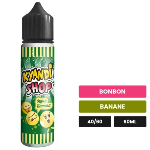E-liquide Super Banana de Kyandi Shop, 50 ml, saveurs bonbon et banane, sans nicotine — prêt à booster de nicotine.