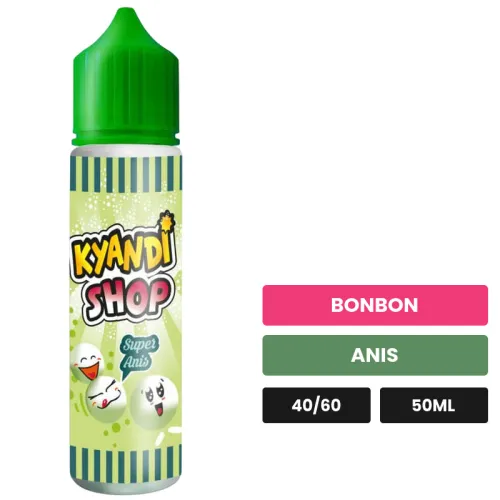 E-liquide Super Anis de Kyandi Shop, 50 ml, saveurs bonbon et anis, sans nicotine — prêt à booster de nicotine.