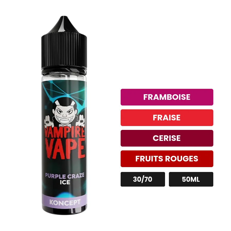 E-liquide Purple Craze Ice de Vampire Vape, 50 ml, saveurs framboise, fraise, cerise et 3 autres, sans nicotine — prêt à.