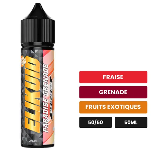 E-liquide Paradise Grenade d'O'Jlab, 50 ml, saveurs fraise, grenade et fruits exotiques, sans nicotine — prêt à booster de.