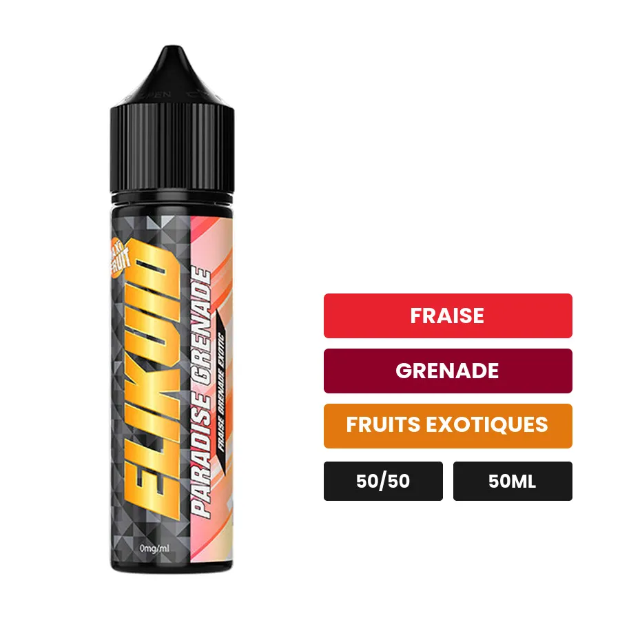 E-liquide Paradise Grenade d'O'Jlab, 50 ml, saveurs fraise, grenade et fruits exotiques, sans nicotine — prêt à booster de.