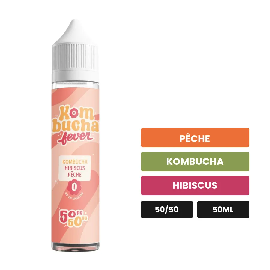 E-liquide Hibiscus Pêche de Kombucha Fever, 50 ml, saveurs pêche, kombucha et hibiscus.
