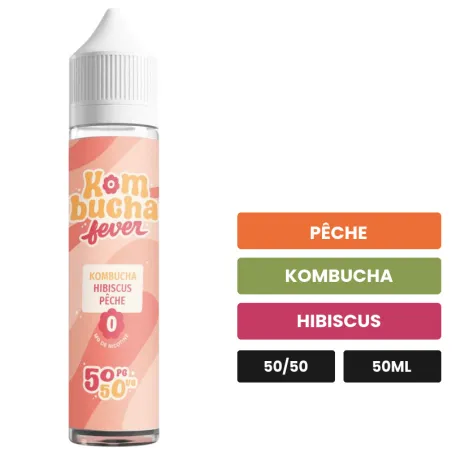 E-liquide Hibiscus Pêche de Kombucha Fever, 50 ml, saveurs pêche, kombucha et hibiscus.