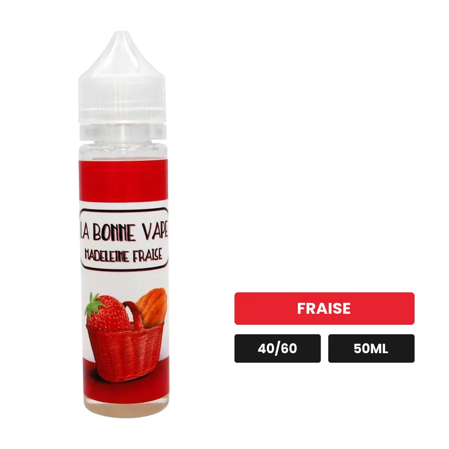 E-liquide Madeleine Fraise de La Bonne Vape, 50 ml, saveur fraise, sans nicotine — prêt à booster de nicotine.