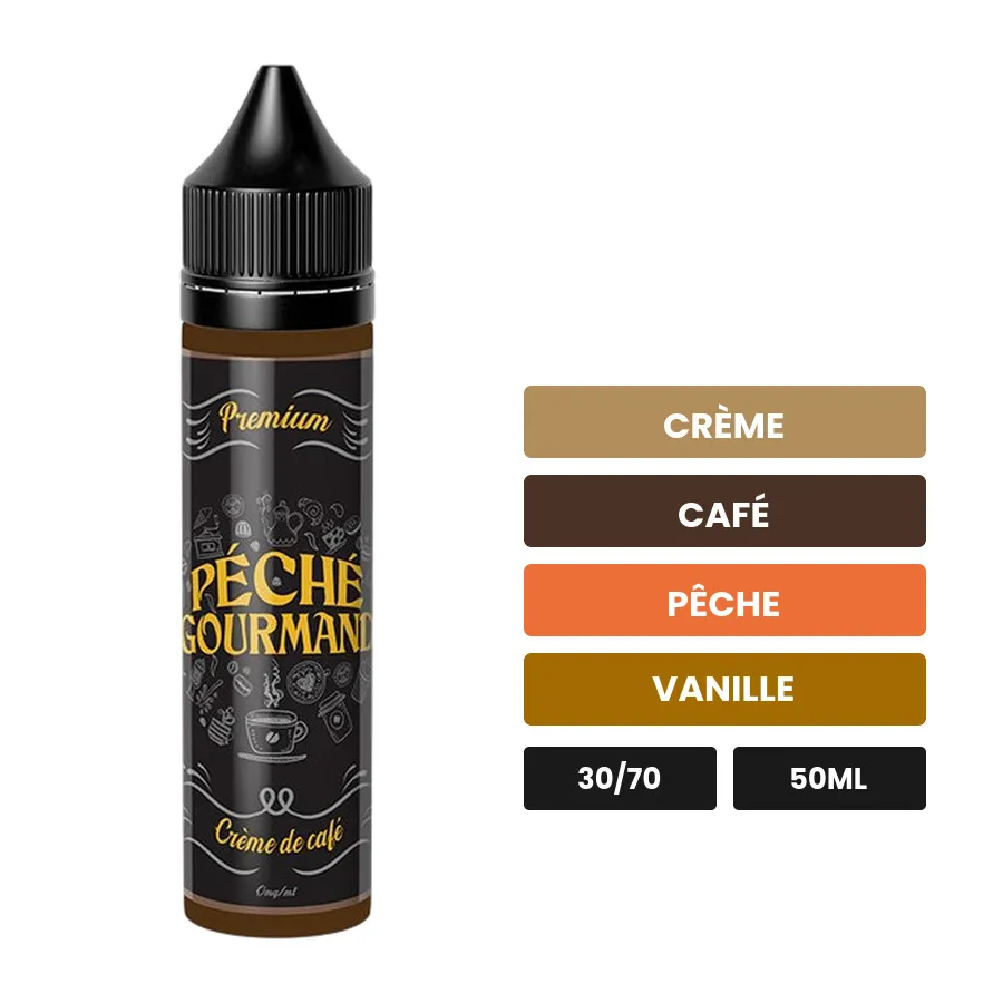 E-liquide Crème De Café Péché Gourmand d'O'Jlab, 50 ml, saveurs crème, café, pêche et 3 autres.